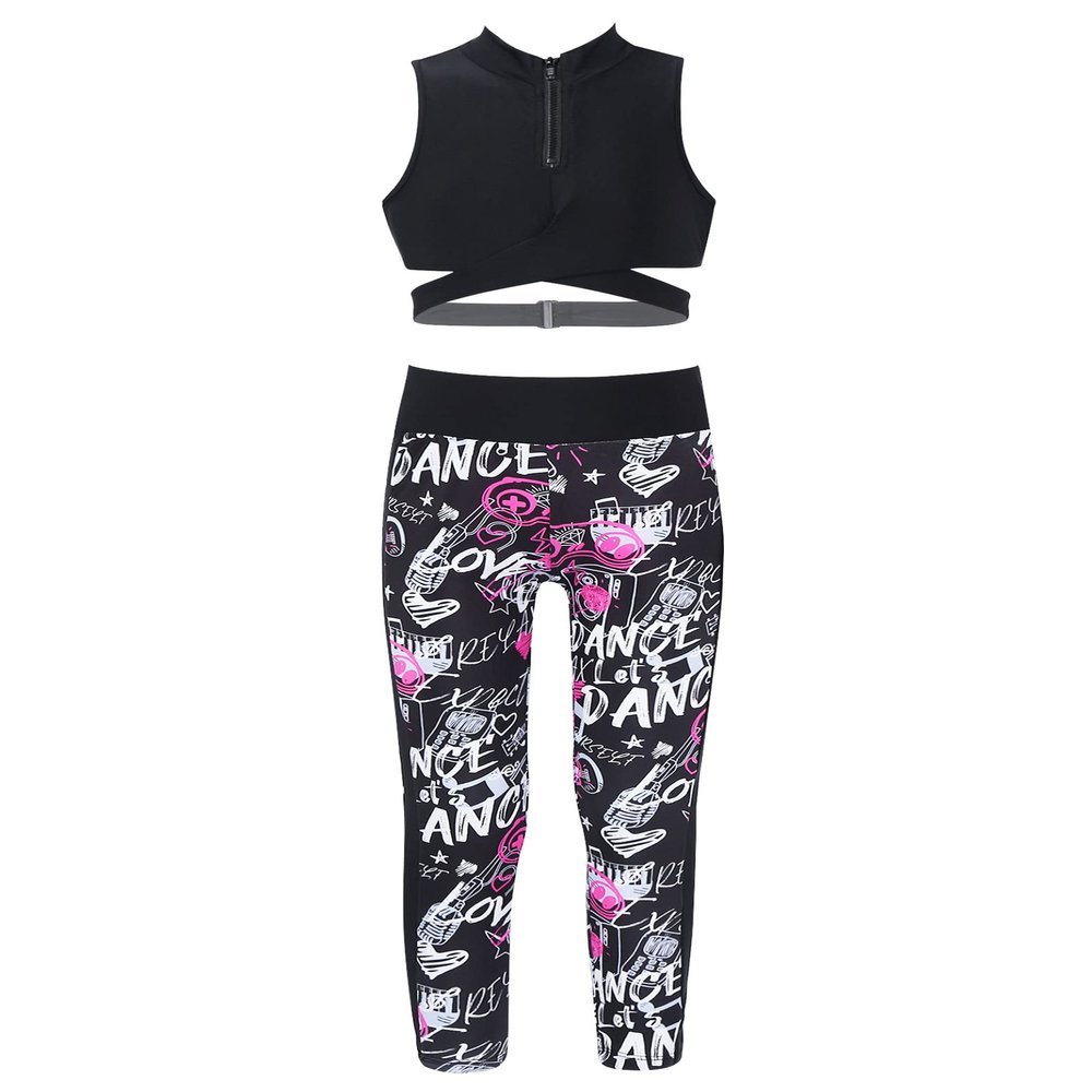 Yihuimin 2Pcs Kids Girls Stand Collar Sportswear Cross Straps Tank Top Printed Pants Set for Training Jogging Black Rose Red 6 Years