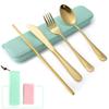 Boulder Bee | Travel Utensils Set | Reusable Camping Cutlery Set | Stainless Steel Flatware Set | Portable Silverware Set with Case | Includes Knife/Fork/Spoon/Straw/Cleaning Cloth/Case (Gold)