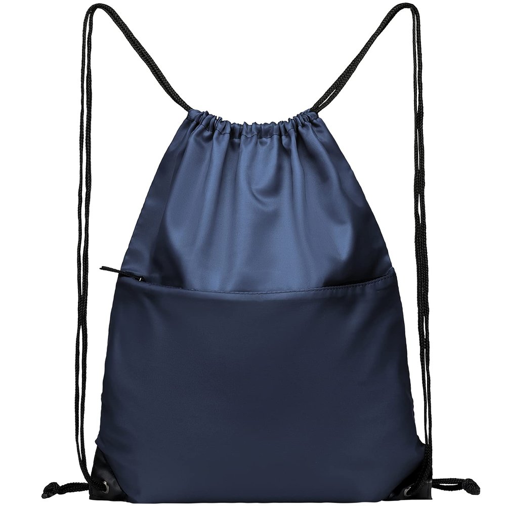 BuyAgain Drawstring Backpack Sports Water Resistant String Bag Sport Gym Sackpack for Women Men Large with Zipper, Navy