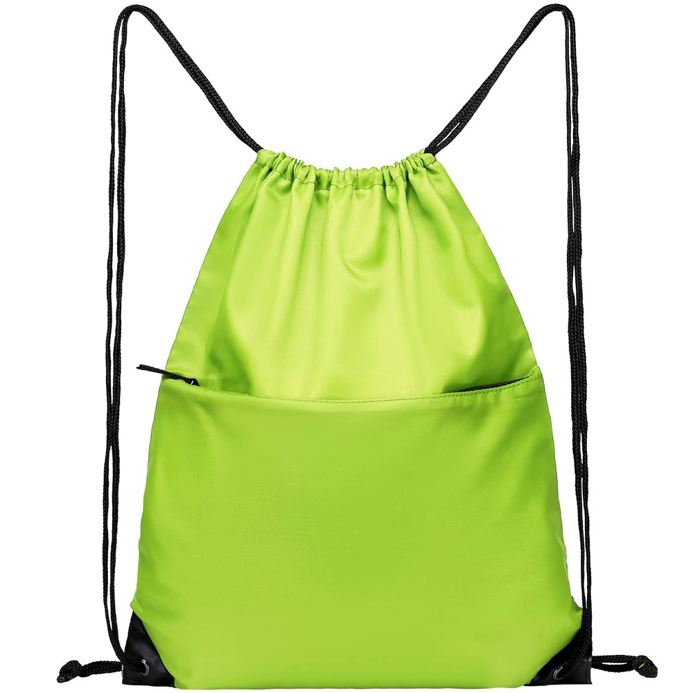 BuyAgain Drawstring Backpack Sports Water Resistant String Bag Sport Gym Sackpack for Women Men Large with Zipper, Apple Green
