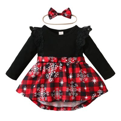 1st Christmas Outfit Newborn Baby Girl Flutter Lace Long Sleeve Top Floral Skirt Bodysuit Xmas Dress Headband (Red-Plaid, 9-12 Months)
