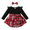 1st Christmas Outfit Newborn Baby Girl Flutter Lace Long Sleeve Top Floral Skirt Bodysuit Xmas Dress Headband (Red-Plaid, 9-12 Months) view 1
