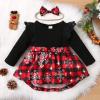 1st Christmas Outfit Newborn Baby Girl Flutter Lace Long Sleeve Top Floral Skirt Bodysuit Xmas Dress Headband (Red-Plaid, 9-12 Months) view 2