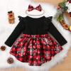 1st Christmas Outfit Newborn Baby Girl Flutter Lace Long Sleeve Top Floral Skirt Bodysuit Xmas Dress Headband (Red-Plaid, 9-12 Months) view 3