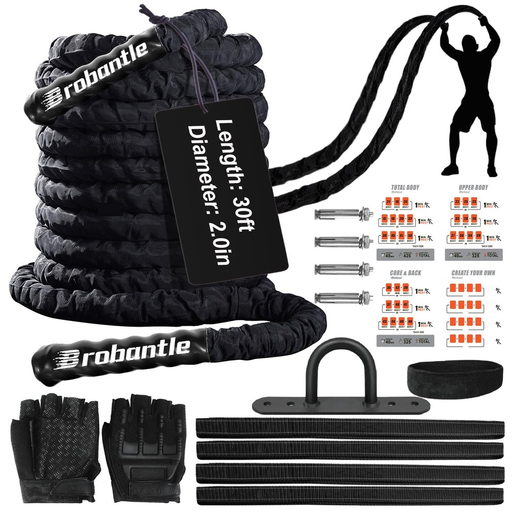 Brobantle Battle Rope 2 Inch Diameter,Black 30FT Exercise Workout Ropes for Home Gym Heavy Weighted Training Rope for Working Out