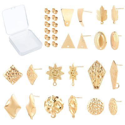 SUNNYCLUE 1 Box 10 Pairs Gold Earring Studs Stainless Steel Ear Studs Flat Round Flower Earring Triangle Oval Square Leaf Rhombus Shape for Man Women Styling Findings Jewelry Gifts