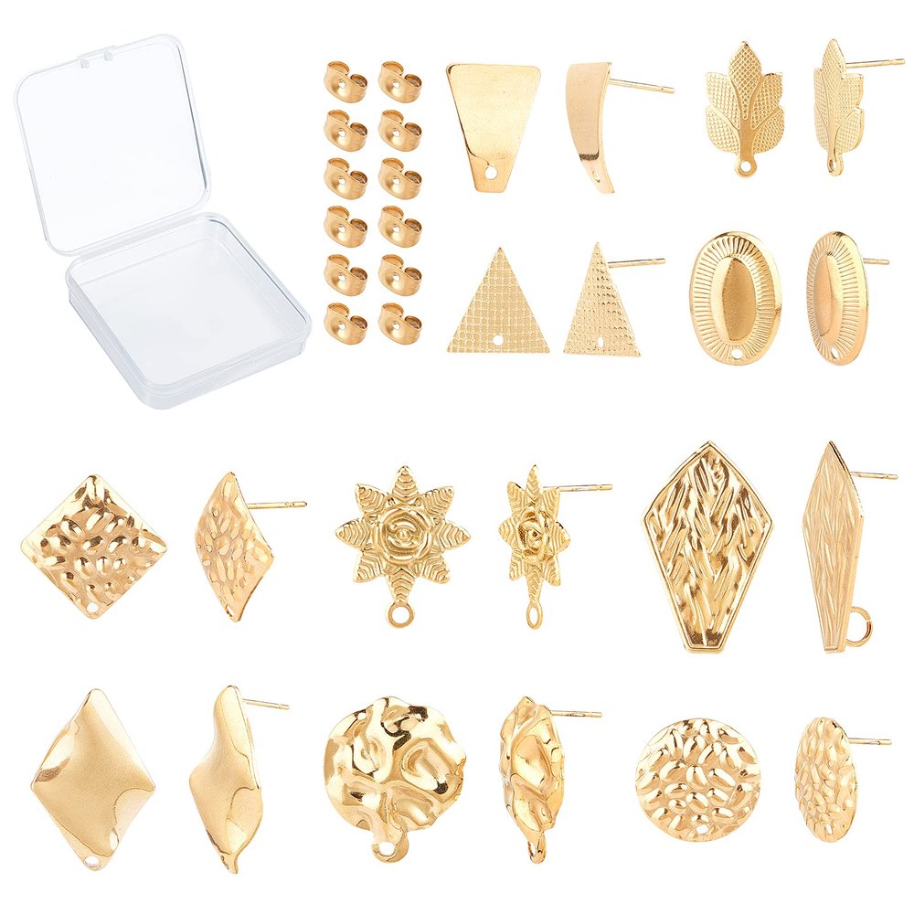 SUNNYCLUE 1 Box 10 Pairs Gold Earring Studs Stainless Steel Ear Studs Flat Round Flower Earring Triangle Oval Square Leaf Rhombus Shape for Man Women Styling Findings Jewelry Gifts