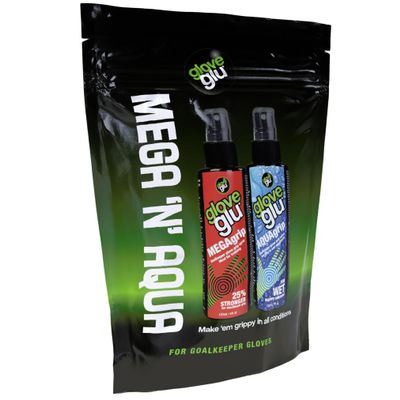gloveglu MEGAgrip+ AQUAgrip Goalkeeper Glove Grip Spray Bundle. Contains gloveglu MEGAgrip 120ml + gloveglu AQUAgrip 120ml