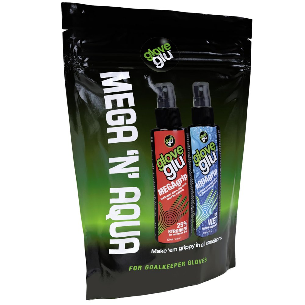 gloveglu MEGAgrip+ AQUAgrip Goalkeeper Glove Grip Spray Bundle. Contains gloveglu MEGAgrip 120ml + gloveglu AQUAgrip 120ml