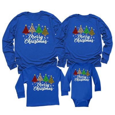 Merry Christmas Trees Leopard Buffalo Plaid Matching Family Toddler Girl Boy Long Sleeve Shirt