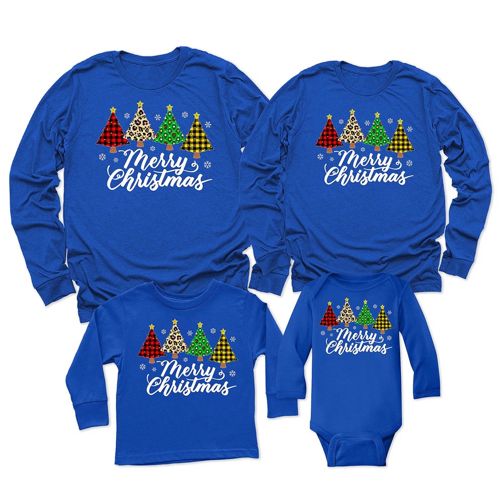 Merry Christmas Trees Leopard Buffalo Plaid Matching Family Toddler Girl Boy Long Sleeve Shirt
