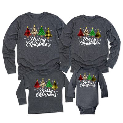 Merry Christmas Trees Leopard Buffalo Plaid Matching Family Toddler Girl Boy Long Sleeve Shirt