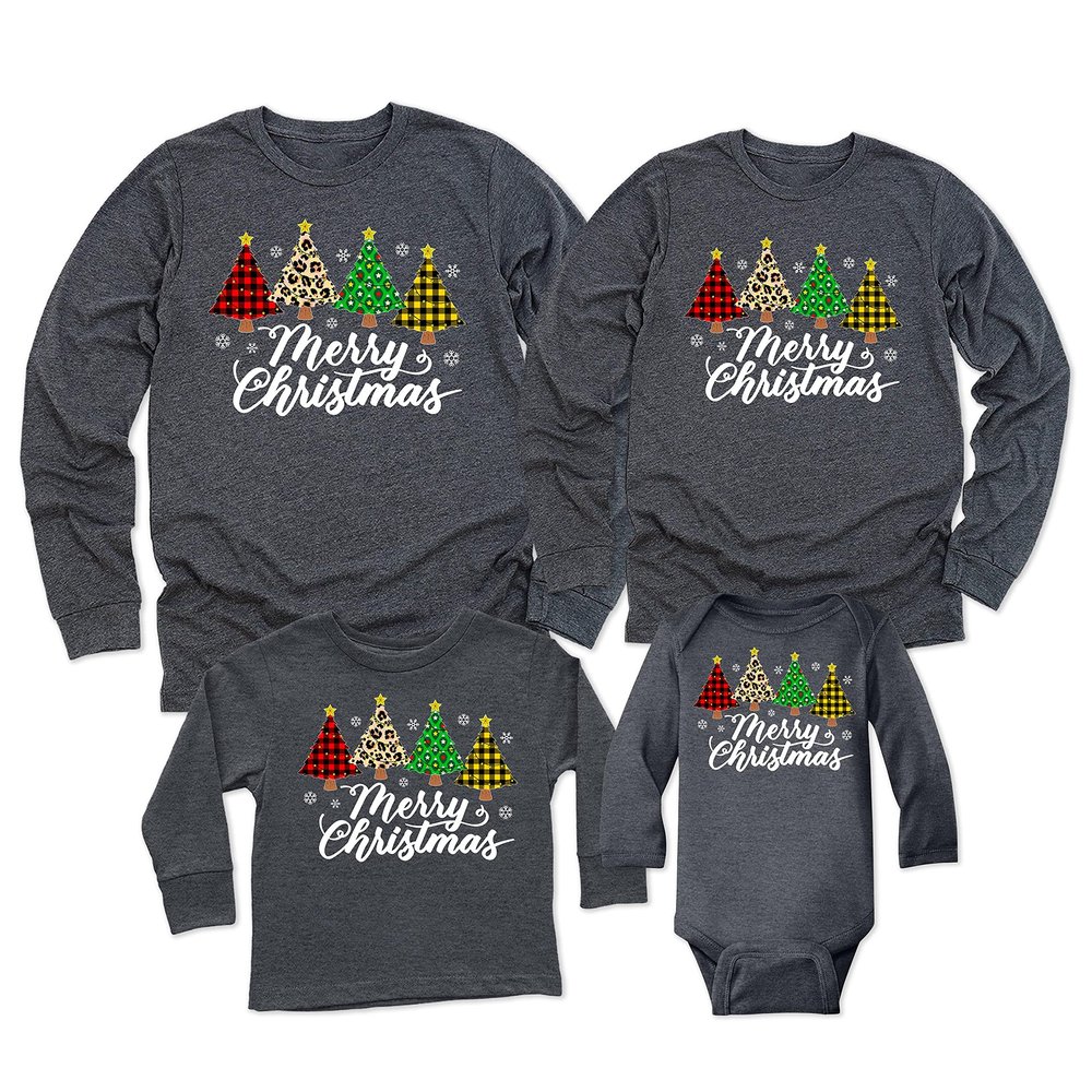 Merry Christmas Trees Leopard Buffalo Plaid Matching Family Toddler Girl Boy Long Sleeve Shirt
