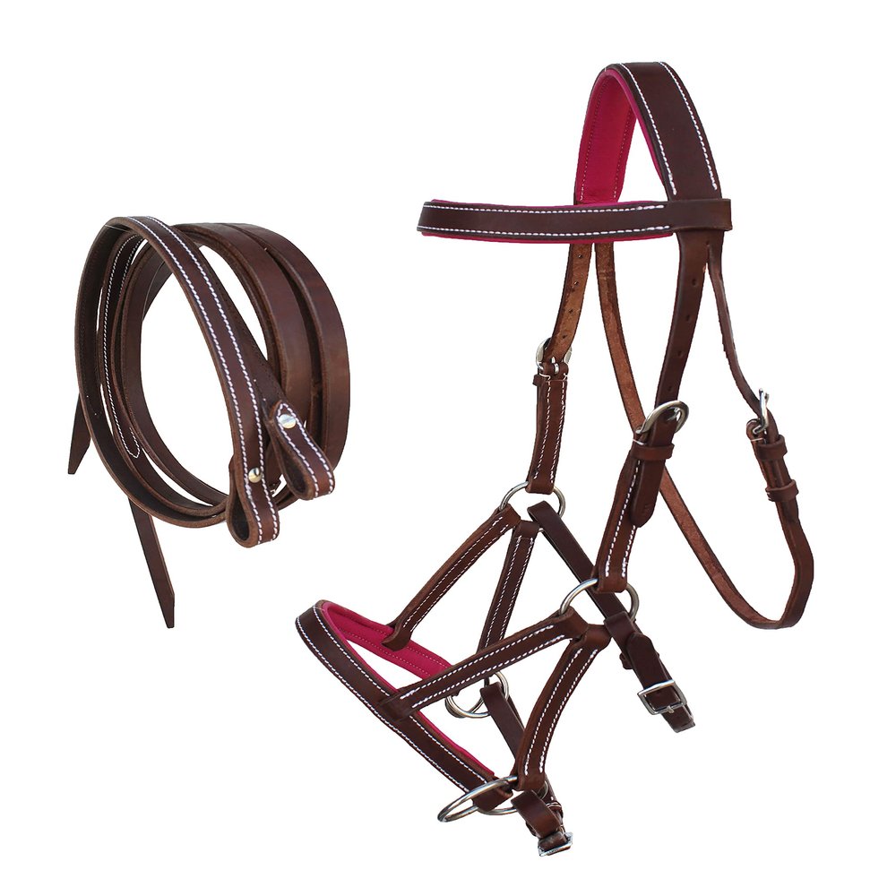 CHALLENGER Horse Western Leather Pink Padded Bitless Sidepull Bridle w/Reins 77RS32PK