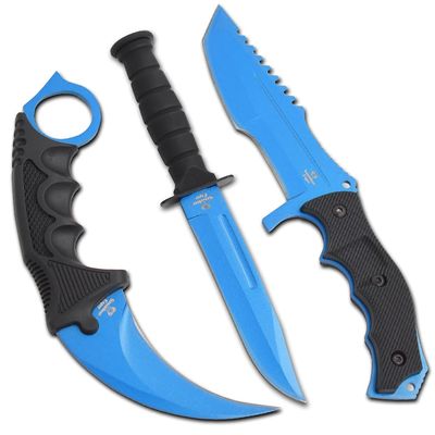 Snake Eye Tactical Triple Set - Karambit,Mini Huntsman Hunting Knife - Outdoors Hunting Camping Fishing (Blue)
