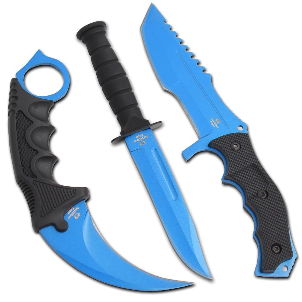 Snake Eye Tactical Triple Set - Karambit,Mini Huntsman Hunting Knife - Outdoors Hunting Camping Fishing (Blue)
