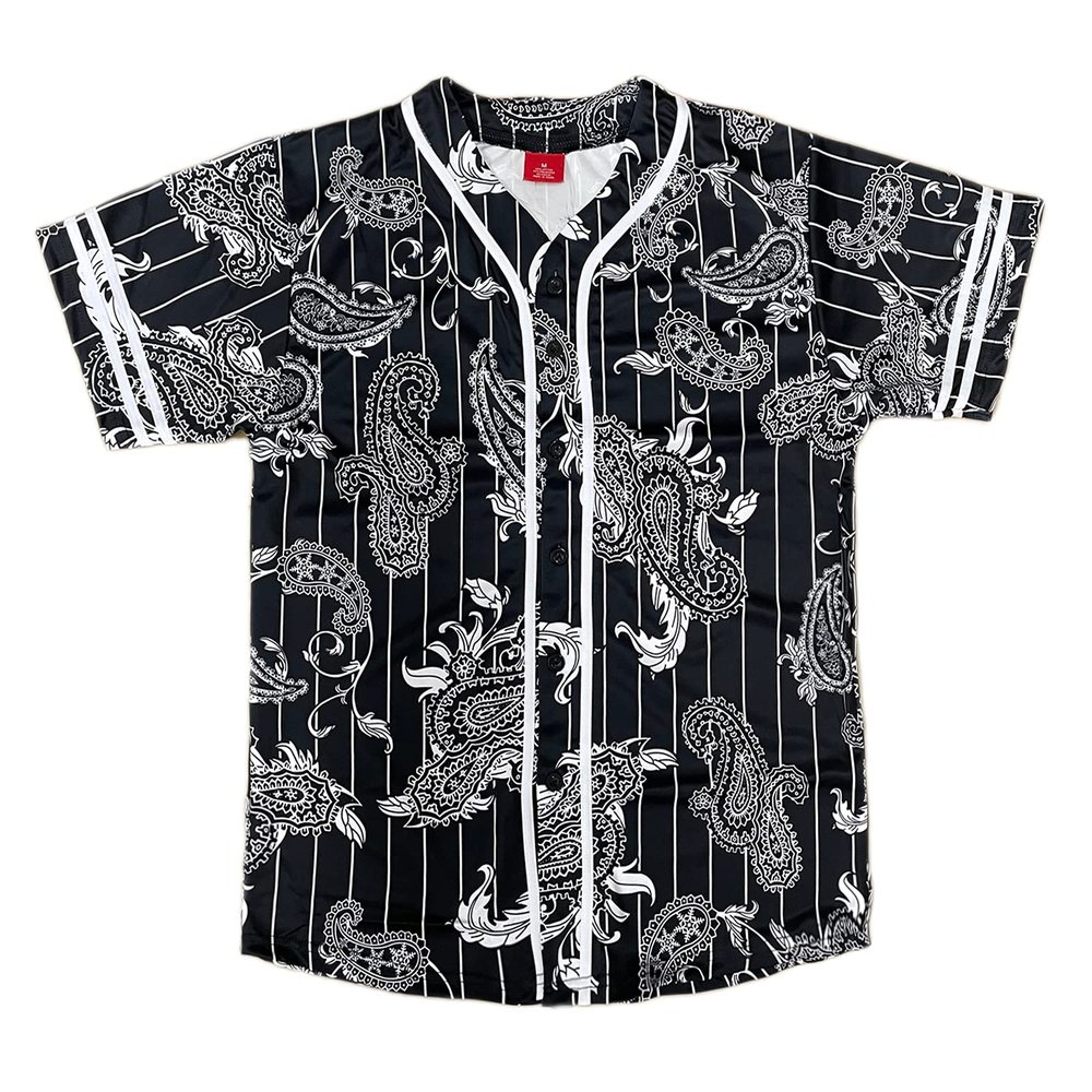 AIRNINE Men's Bandana Print Baseball Jersey Button Down Shirts (S to 5XL) (Black_J51, Large)