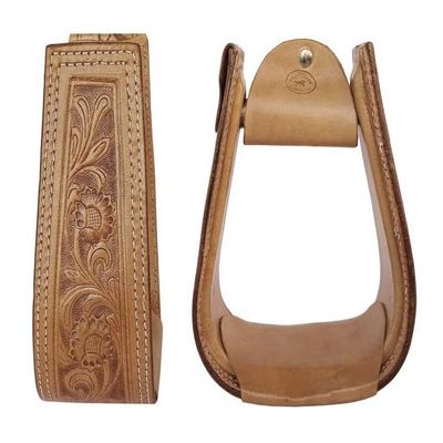 CHALLENGER Horse Saddle Stirrups Horse Western 5" Wide Saddle Floral Tooled Tan Leather Covered Stirrups 51173NT