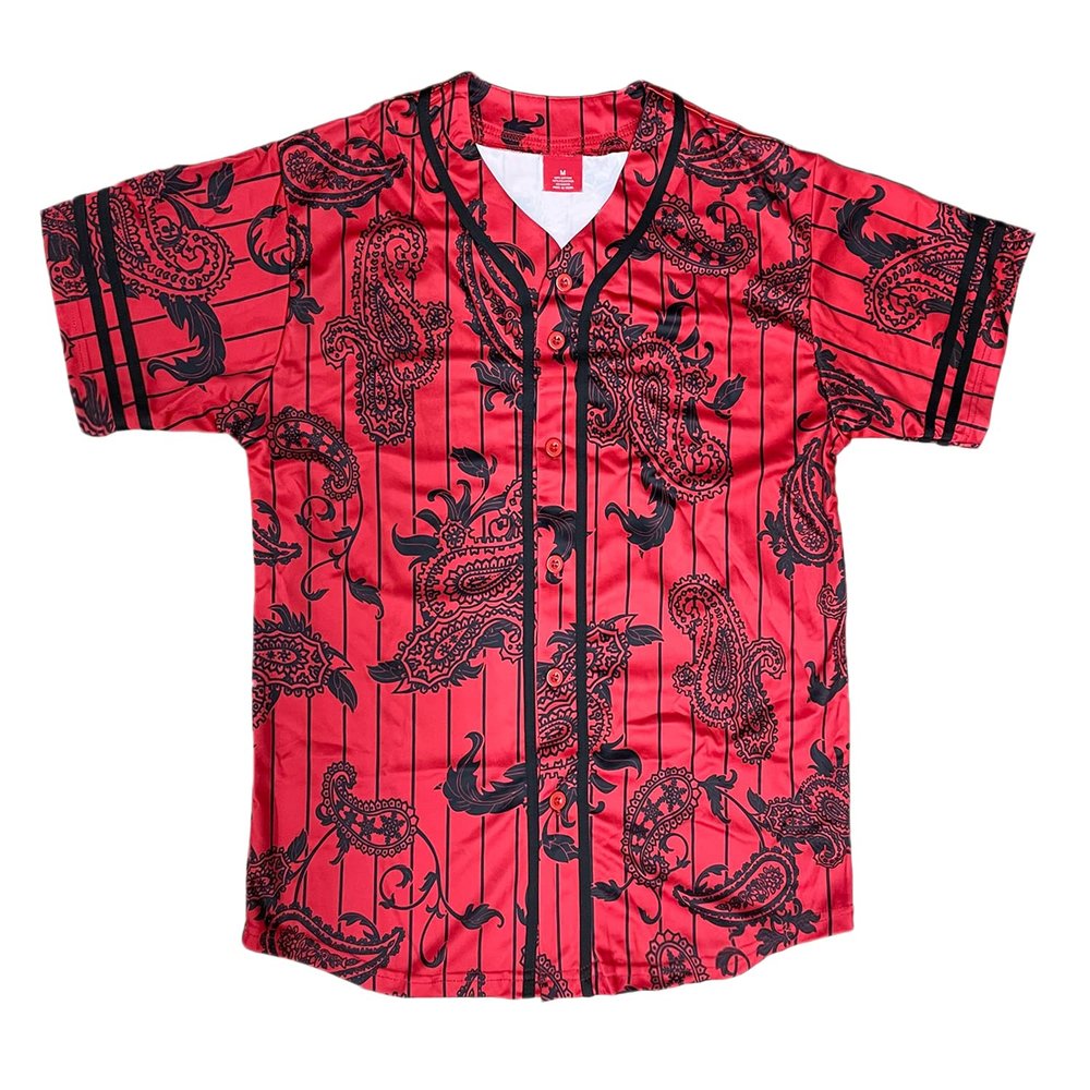 AIRNINE Men's Bandana Print Baseball Jersey Button Down Shirts (S to 5XL) (Red_J51, Small)