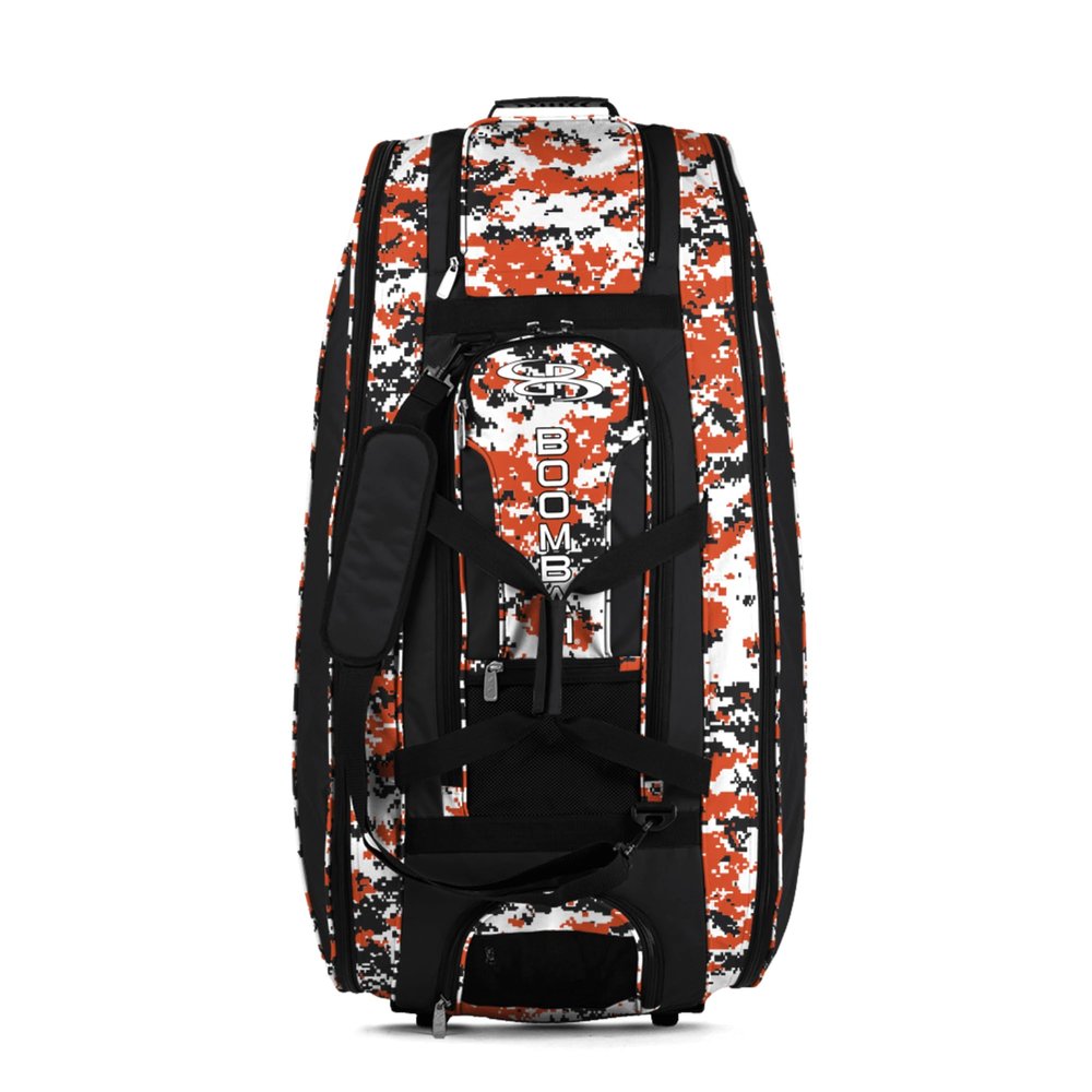 Boombah Beast Rolling Bat Bag - 40" x 14" x 13" - Digital Camo Black/Orange - Holds 8 Bats, Glove and Shoe Compartments