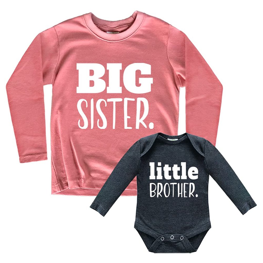 Unordinary Toddler Big Sister Little Brother Outfit Matching Shirts Sets Baby Newborn Outfits Shirt (Mauve/Charcoal Black - Long Sleeve, Youth S(8) / Baby (0-3M))