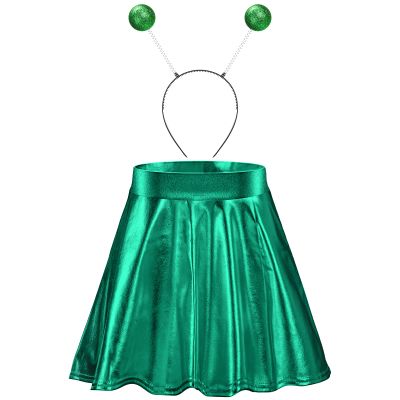 Sintege Halloween Alien Headband and Metallic Flared Pleated Skater Skirt for Costumes Supplies(XXX-Large Skirt,Green)
