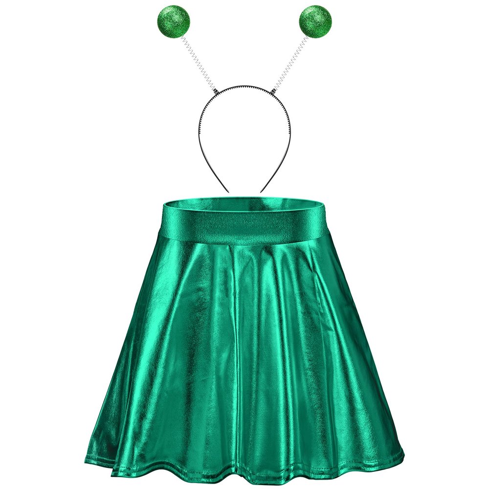 Sintege Halloween Alien Headband and Metallic Flared Pleated Skater Skirt for Costumes Supplies(XXX-Large Skirt,Green)