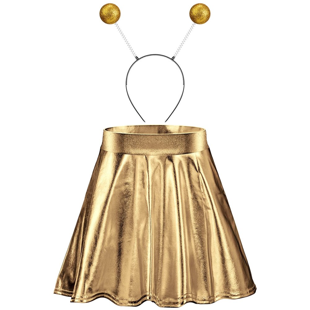 Sintege Halloween Alien Headband and Metallic Flared Pleated Skater Skirt for Costumes Supplies(Medium Skirt,Gold)