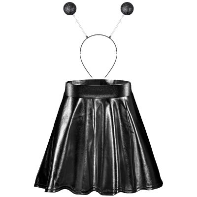 Sintege Halloween Alien Headband and Metallic Flared Pleated Skater Skirt for Costumes Supplies(X-Large Skirt,Black)