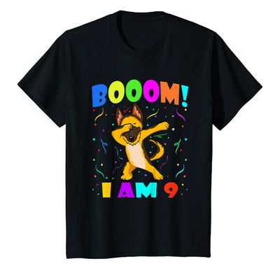 Kids Dabbing German Shepherd Booom! I Am 9 Boy Girl 9th Birthday T-Shirt