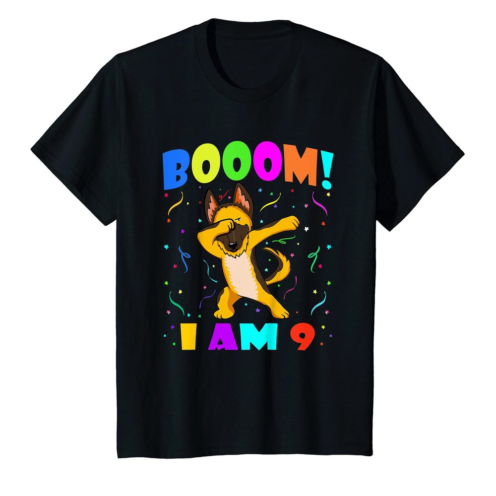 Kids Dabbing German Shepherd Booom! I Am 9 Boy Girl 9th Birthday T-Shirt