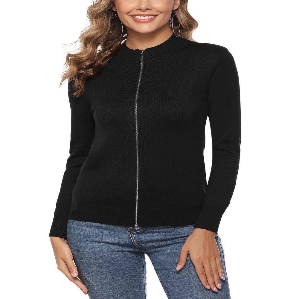 Youngull Womens Long Sleeve Sweatshirts Zip Front Cardigan for Women Casual Jacket Lightweight Fashion Loose Knitted Sweater with Zipper Comfortable Fall Tops Black M