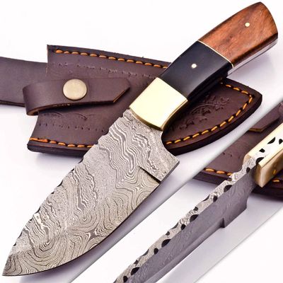 Rare Custom Damascus Skinning Knife Hunting Knife | Outdoor Knife Camping Knife | Black Horn & Rose Wood Handle with Free Genuine Leather Sheath (H-600)
