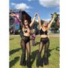 Women Rave Sheer Mesh Shiny Pants Flared High Waist Bell Bottom Pants for Party Dance Festival Black view 2