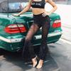Women Rave Sheer Mesh Shiny Pants Flared High Waist Bell Bottom Pants for Party Dance Festival Black view 3