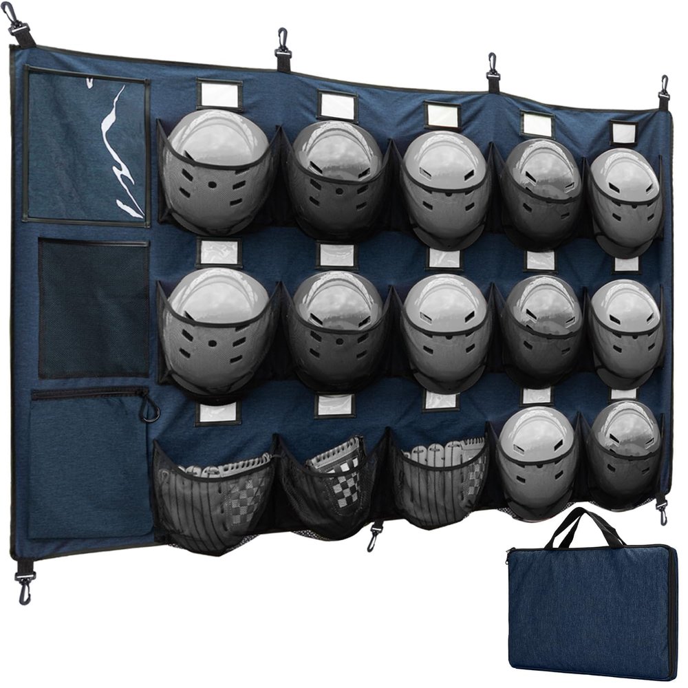 VISEMAN 15-Pocket Baseball Dugout Organizer - Hanging Equipment Rack for Helmets & Gloves - Includes 7 Fence Hooks & Carry Bag - Softball Team Gear