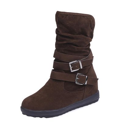 oiangi Womens Winter Boots Fashion Double Buckle Strap Round Toe Platform Slip on Mid Calf Boots Comfortable Suede Outdoor Flat Non-slip Casual Shoes
