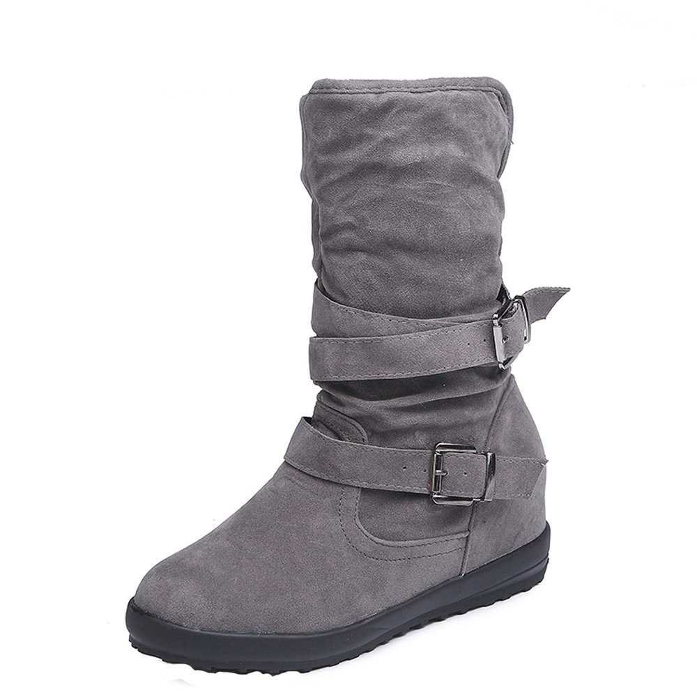 oiangi Womens Winter Boots Fashion Double Buckle Strap Round Toe Platform Slip on Mid Calf Boots Comfortable Suede Outdoor Flat Non-slip Casual Shoes