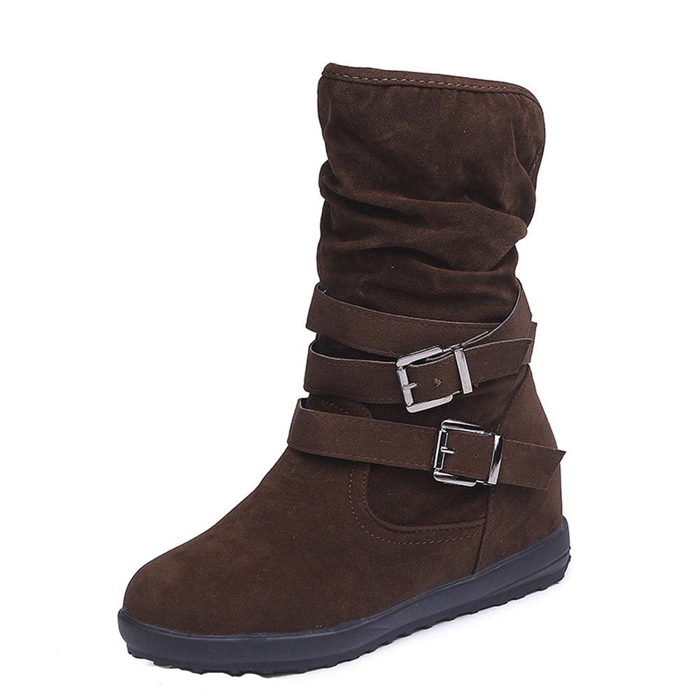 oiangi Womens Winter Boots Fashion Double Buckle Strap Round Toe Platform Slip on Mid Calf Boots Comfortable Suede Outdoor Flat Non-slip Casual Shoes