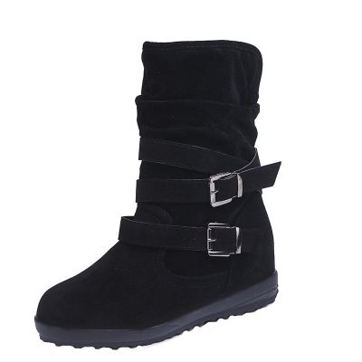 oiangi Womens Winter Boots Fashion Double Buckle Strap Round Toe Platform Slip on Mid Calf Boots Comfortable Suede Outdoor Flat Non-slip Casual Shoes