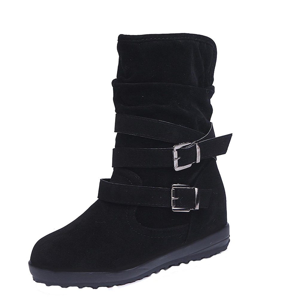 oiangi Womens Winter Boots Fashion Double Buckle Strap Round Toe Platform Slip on Mid Calf Boots Comfortable Suede Outdoor Flat Non-slip Casual Shoes