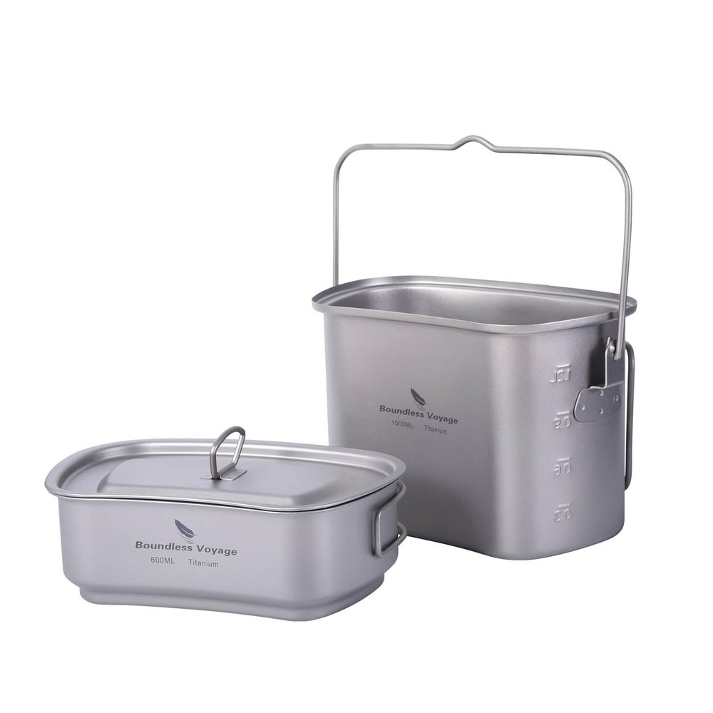 Boundless Voyage Titanium Camping Cookware Set 1500ml & 600ml Military Mess Kit with Lid Ultralight Backpacking Pot & Cup with Folding Handles for Hiking, Travel Portable Outdoor Cooking Kit Ti2059C