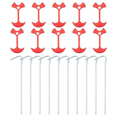 SUPERFINDINGS 15Pcs Red Aluminum Alloy Fishbone Tent Stakes Deck Anchor Pegs and 10Pcs Iron Camping Tent Pegs Adjuster Tensioner Kit for Camping