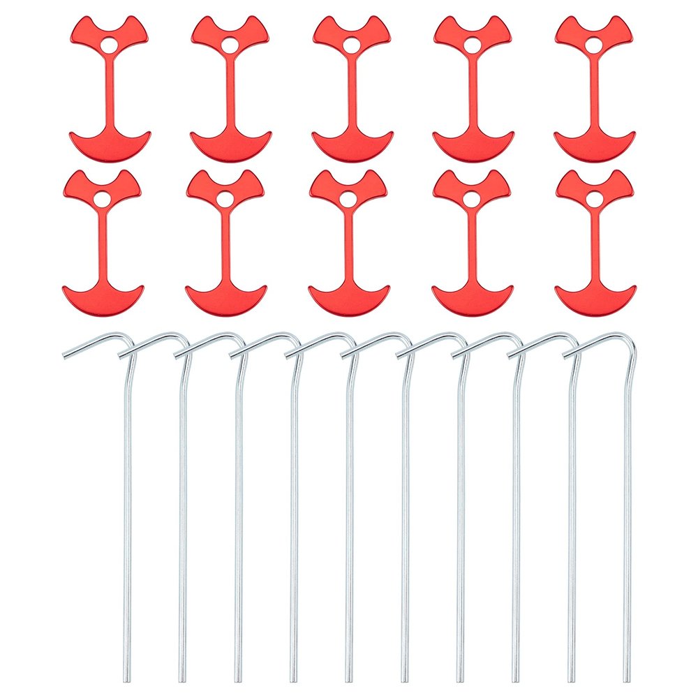 SUPERFINDINGS 15Pcs Red Aluminum Alloy Fishbone Tent Stakes Deck Anchor Pegs and 10Pcs Iron Camping Tent Pegs Adjuster Tensioner Kit for Camping