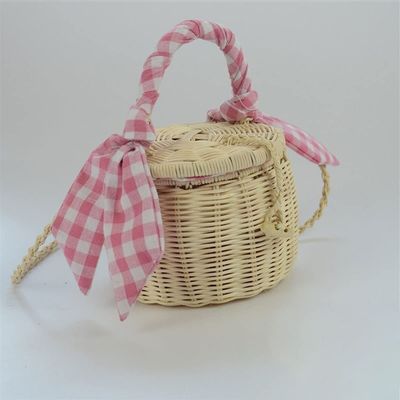 XYHMH Wicker Woven Ladies Bag with Silk Scarf Woven Mini Basket Bag Beach Party (Color : Pink)