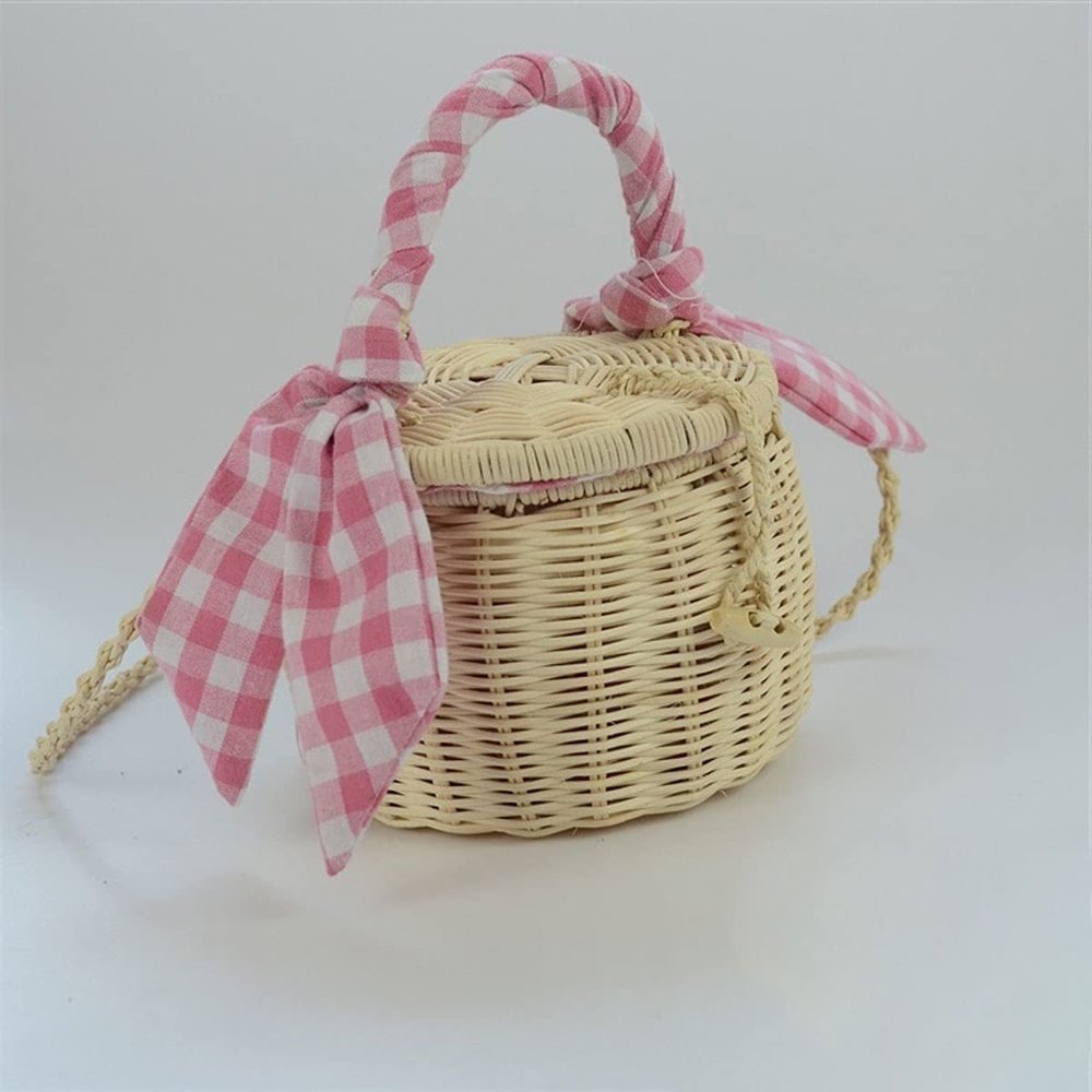 XYHMH Wicker Woven Ladies Bag with Silk Scarf Woven Mini Basket Bag Beach Party (Color : Pink)