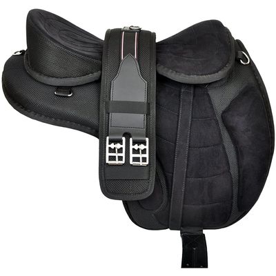 Synthetic Treeless Freemax Horse Saddle All Purpose Size 14" to 18 Inch Seat Free Matching Girth and A Set of Aluminum Stirrup (Black, 17" Seat)