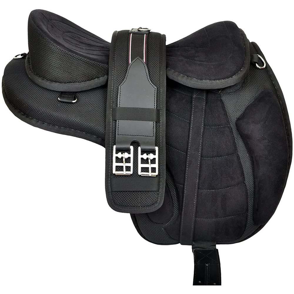 Synthetic Treeless Freemax Horse Saddle All Purpose Size 14" to 18 Inch Seat Free Matching Girth and A Set of Aluminum Stirrup (Black, 17" Seat)