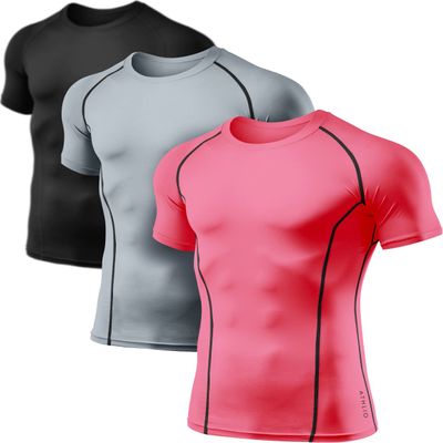 ATHLIO Men's Cool Dry Short Sleeve Compression Shirts, Sports Baselayer T-Shirts Tops, Athletic Workout Shirt, 3pack Black/Cloud Grey/Neon Pink, X-Large
