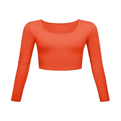 Long Sleeve Crop Tops for Women Workout Basic Clothes for Teen Ladies Fitted Slim Scoop Neck Cute Yoga Shirts (Orange, X-Small)